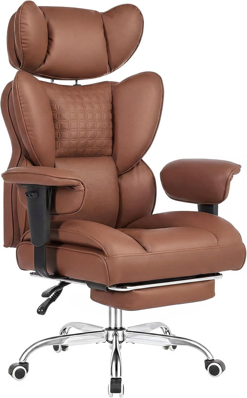 Big & Tall Ergonomic Gaming Chair with Footrest, Adjustable Armrests, Brown PU