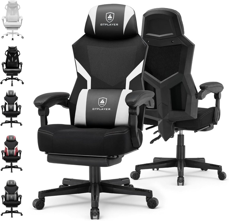 Computer Chair with Adjustable Footrest, Ergonomic Gaming Chair with Headrest an