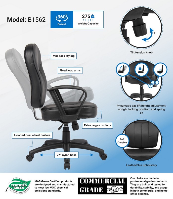 Boss Black Leatherplus Task Chair With Loop Arms - B1562 gallery
