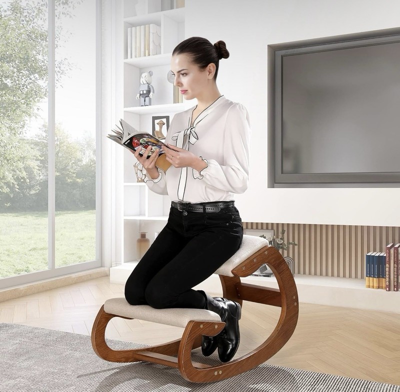 Ergonomic Kneeling Chair Rocking Wooden Posture Stool with Linen Cushion gallery