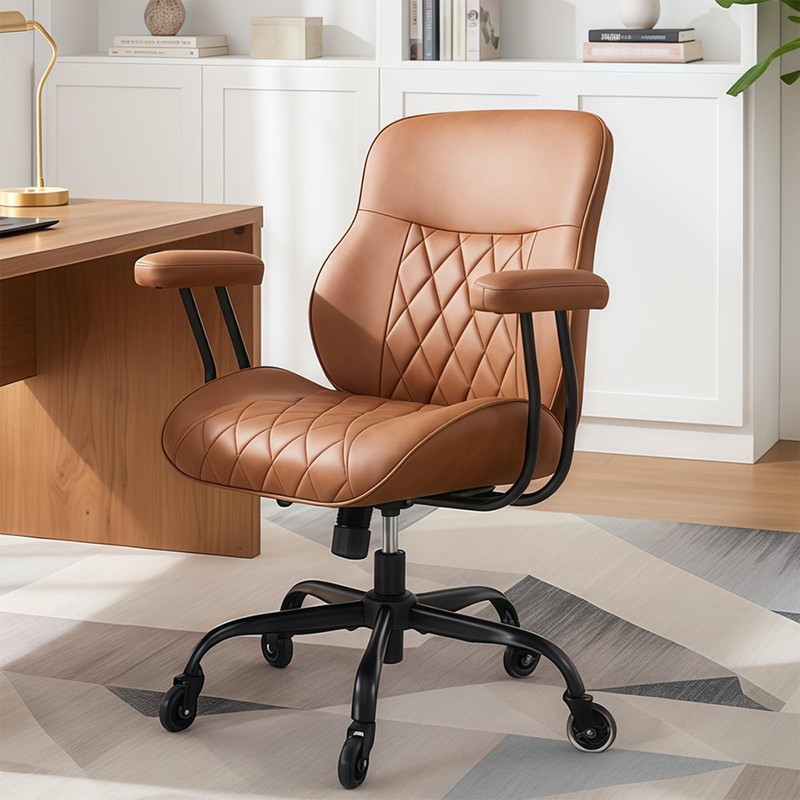 Brown Leather Office Chair– Features Wheels and Lumbar Ergonomic Mid Century …