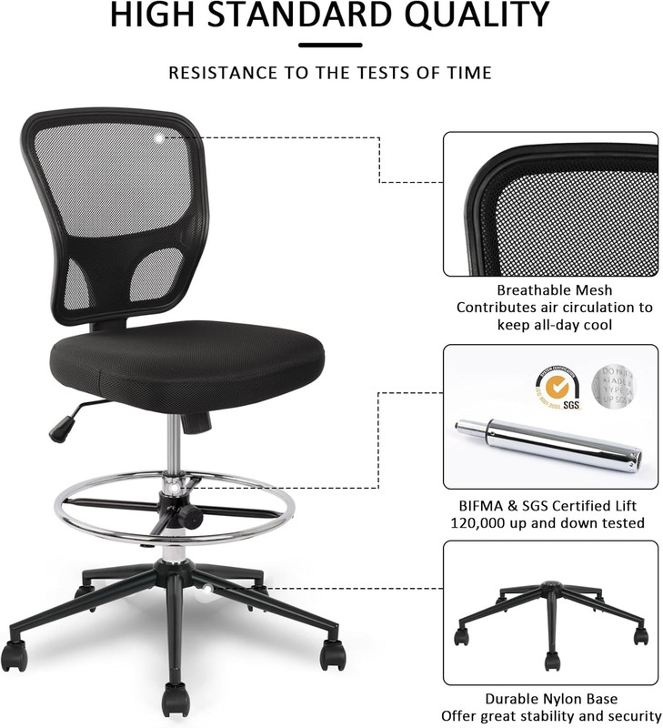 Armless Drafting Chair Tall Office Chair Adjustable Height High Back Ergonomic D gallery