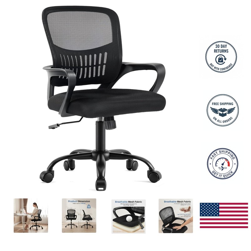 Height Adjustable Mesh Desk Chair with Lumbar Support & Rocking Function, Black