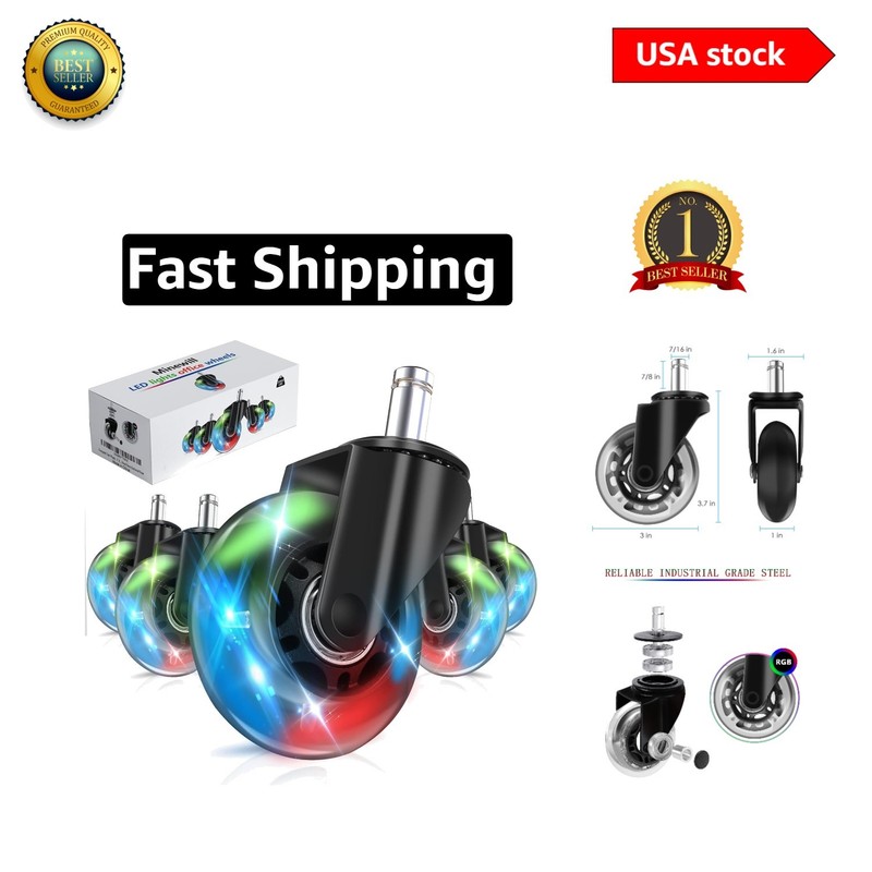 Silent 2.5-Inch Gaming Chair Wheels with LED Lights for All Floor Types - 5 Pack