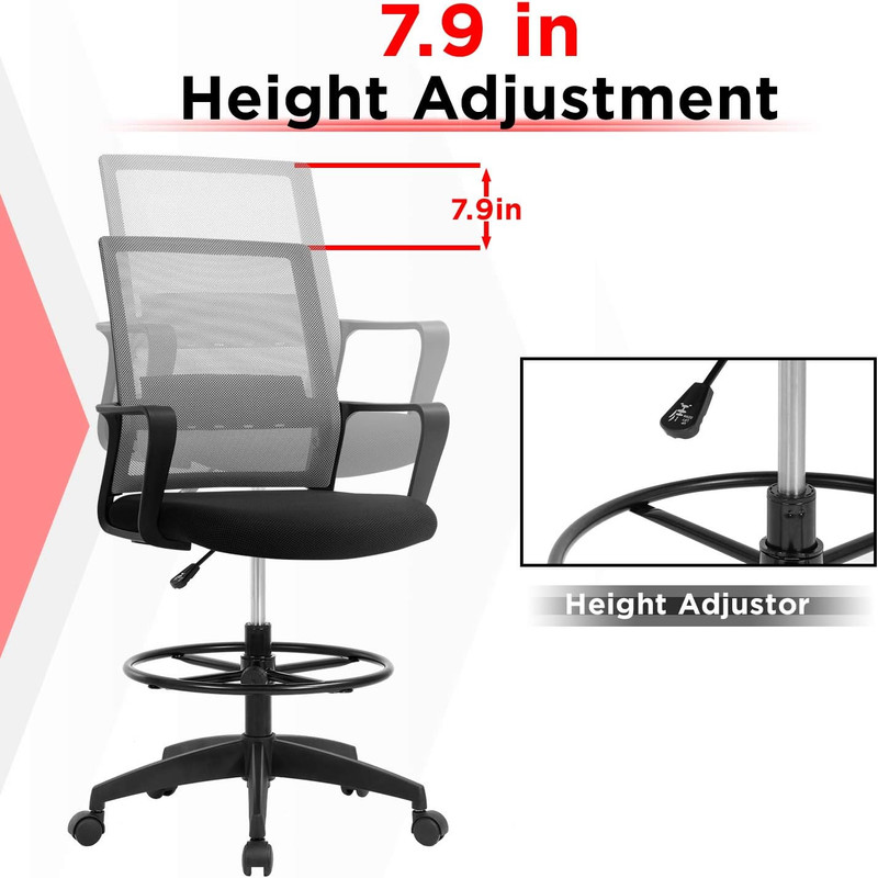 Ergonomic Drafting Chair with Adjustable Foot Ring - Grey Mid-Back Office Chair gallery