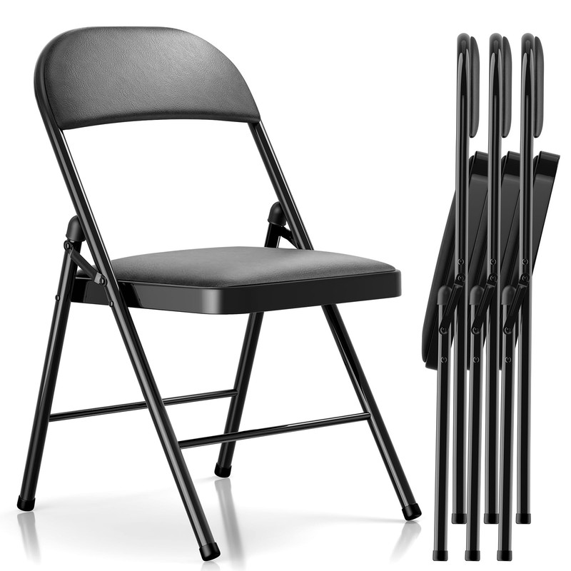 LUCKPRO 4 Pack Folding Chairs with Paded Cushion - Metal Set of 4, Black
