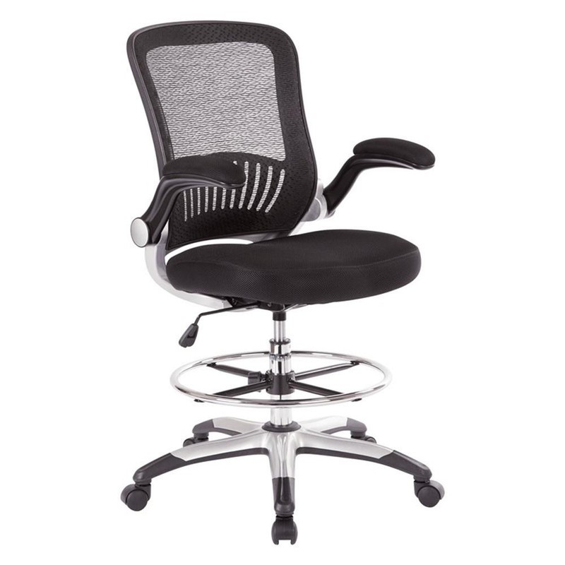 Maklaine Mesh Back Fabric Chair with Adjustable Foot Ring & Padded Flip Arms