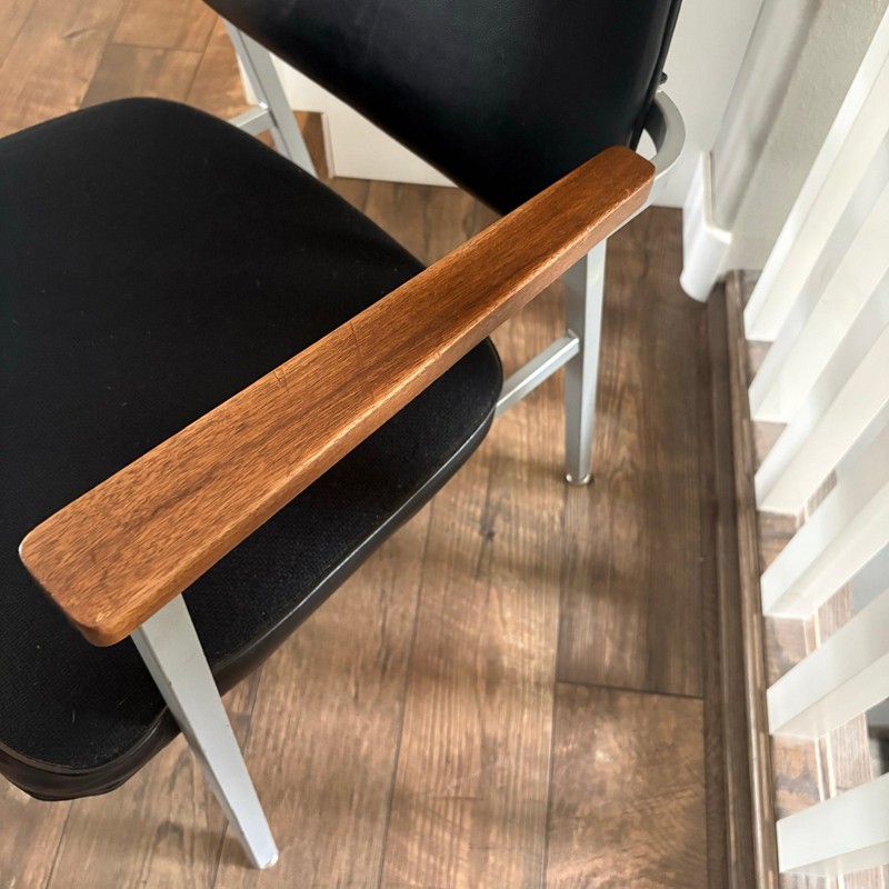 United Chair Company Black Fabric Leather Seat Walnut Arms Vintage Mid Century gallery