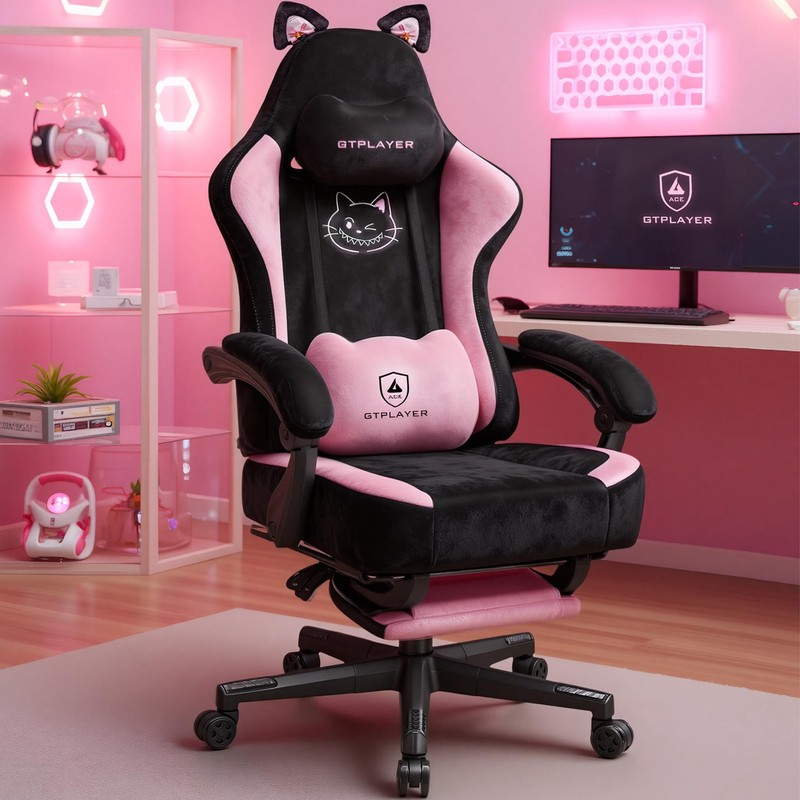 GTPLAYER Pink Gaming Chair Cute with Cat Ears Ergonomic Computer Chair with C…