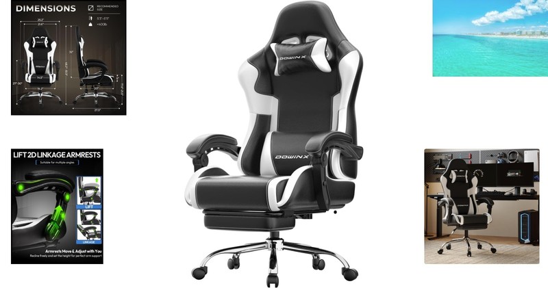White & Black Gaming Chair with Adjustable Footrest, 330lbs Capacity gallery