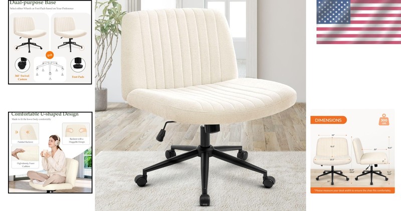 Wide Seat Office Chair Armless Beige Fabric Adjustable for Home Computer Use gallery