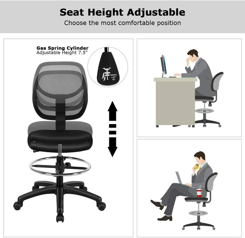 Ergonomic Height Adjustable Drafting Chair with Footrest, Black gallery