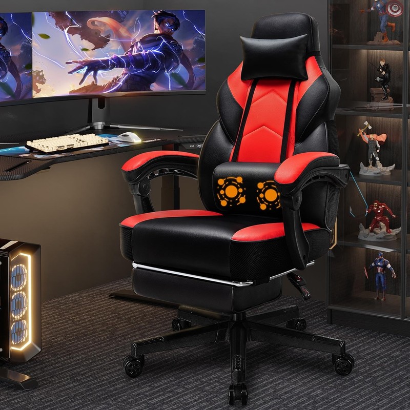 Shintenchi Gaming Chair with Footrest, Massage Lumbar Support, Height Adjustm…