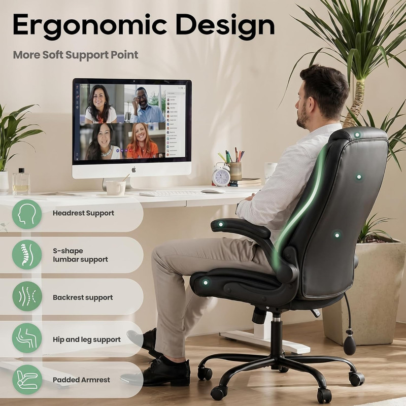 Leather Office Chair, Computer Desk Chair with Adjustable Lumbar Support, Thick gallery