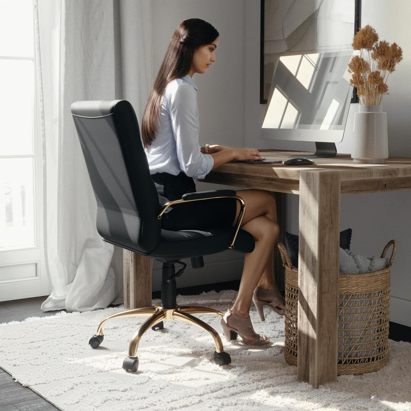 Flash Furniture Mid Back Leather Office Swivel Chair in Black and Gold