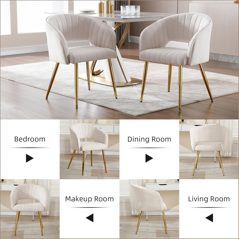 Desk Chair No Wheels, Velvet, Gold Legs, Off-White Cream, for Vanity gallery