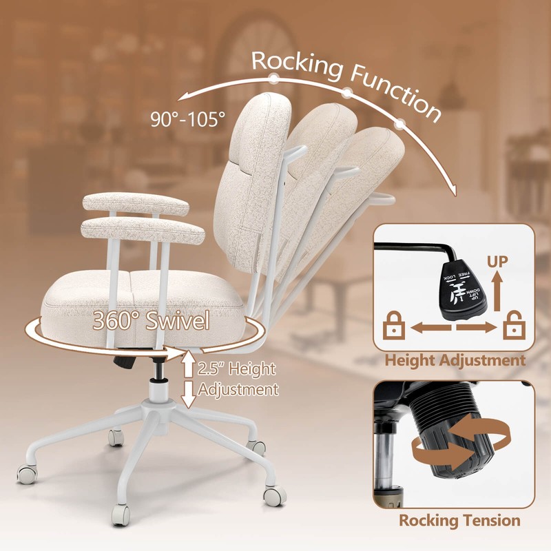 Home Office Chair Chenille Upholstered Task Chair with Cushioned Back Beige gallery