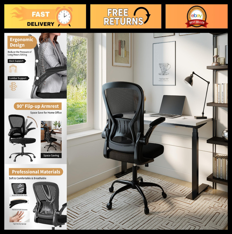Ergonomic Mesh Office Chair with Flip-Up Arms, Lumbar Support, Height Adjustable