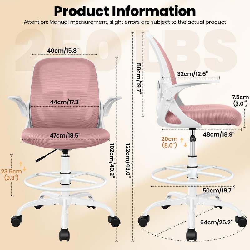 Primy Drafting Chair Tall Office with Flip-up 934-Z, Rose Quartz gallery