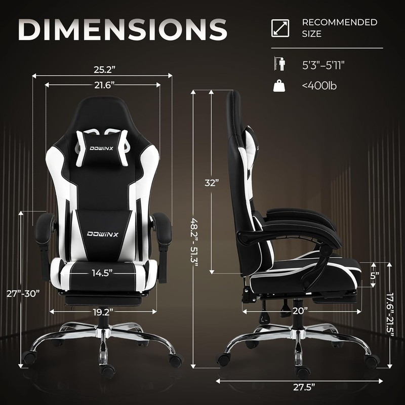 White & Black Gaming Chair with Adjustable Footrest, 330lbs Capacity gallery
