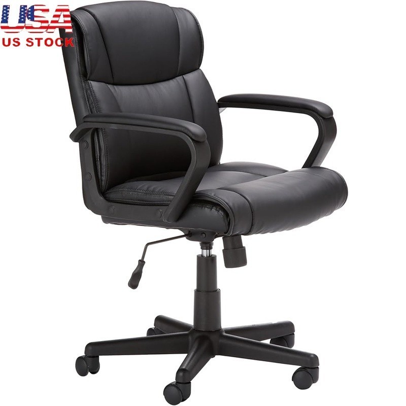 Mid-back Office Desk Chair Adjustable Height 360 Swivel Black Leather Armrest US