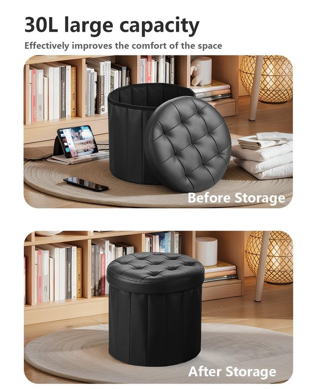 Bsketa® Folding Storage Ottoman Round 14" x 14"D x 14"W x 13"H, Black 1 Pack gallery