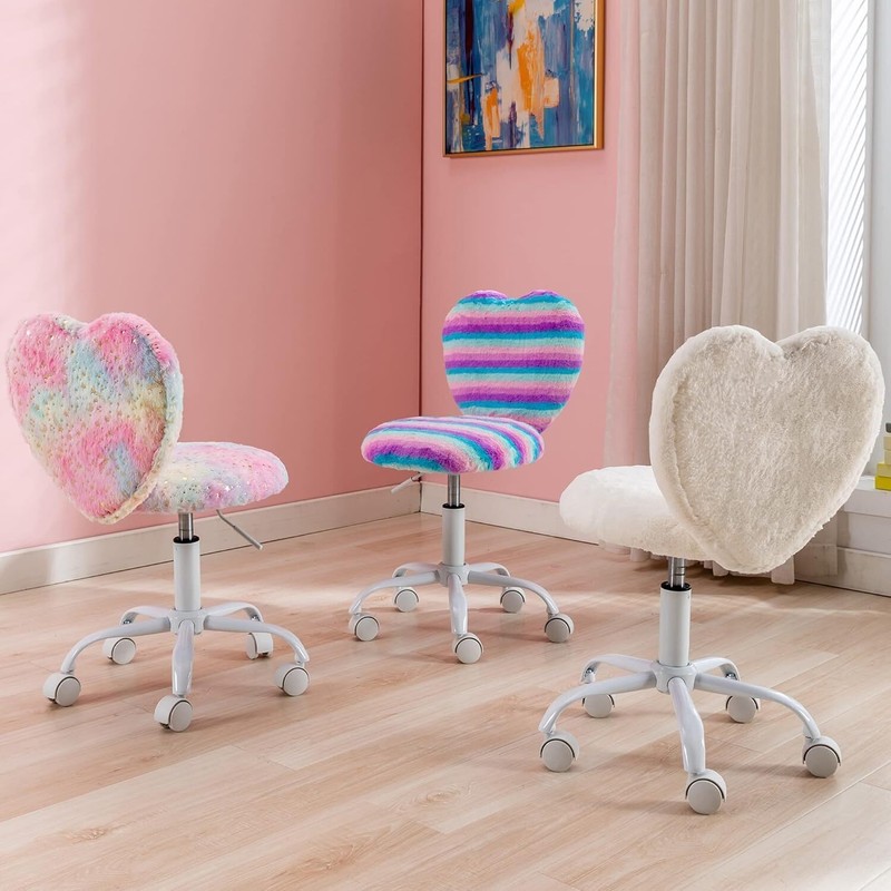 Faux Fur Swivel Vanity Chair Cute Heart Girls Desk Chair Rolling Computer Chair gallery