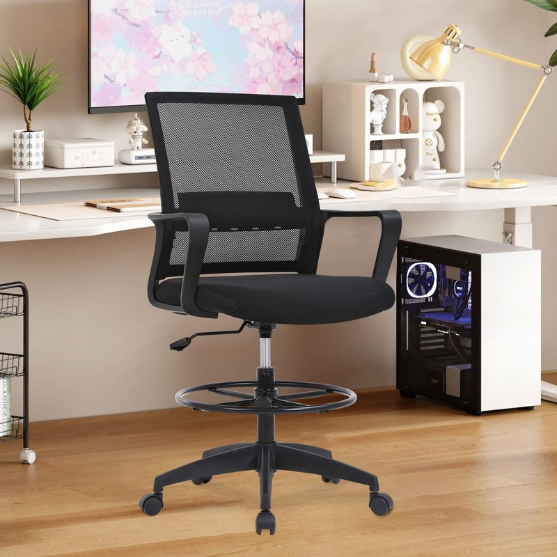 Drafting Chair Tall Office Chair Adjustable Swivel Rolling Mesh Height with L... gallery