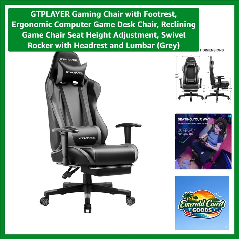 Ergonomic Gaming Chair with Footrest & 360° Swivel, Grey Faux Leather Comfort