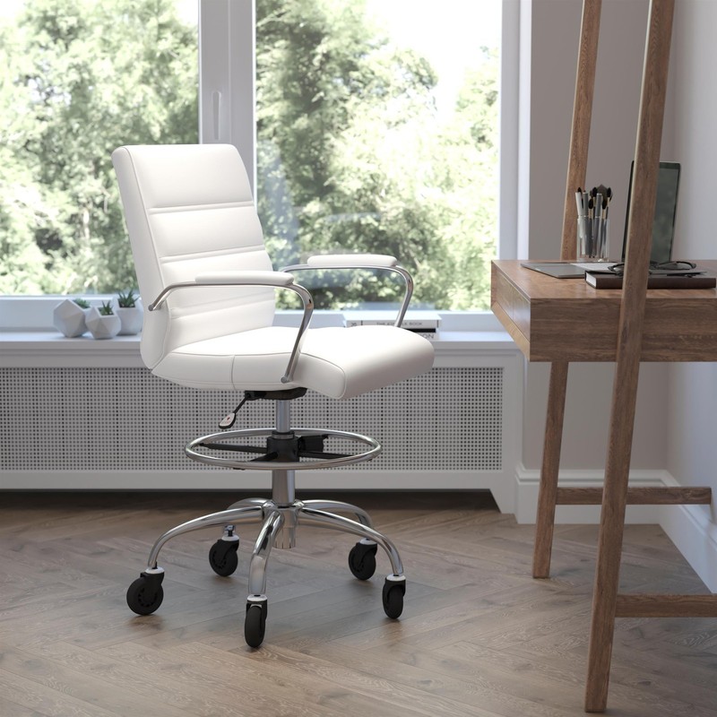 Drafting Chair with Roller Wheels Adjustable Foot Ring - White LeatherSoft gallery