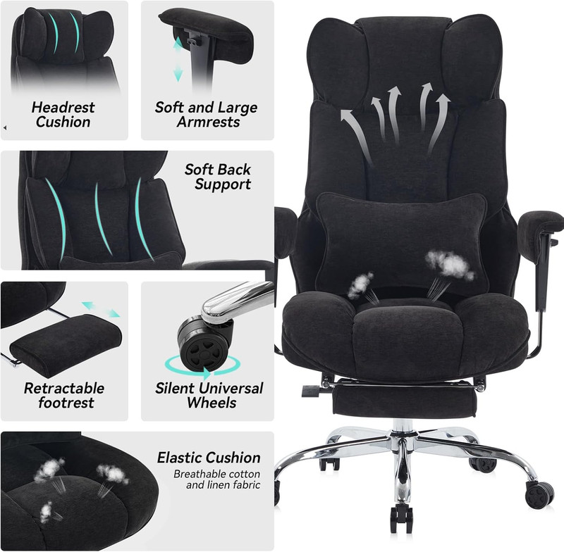 Executive Office Chair, Soft-Cushioned Computer Chair with Foot Rest, Fabric Hom gallery