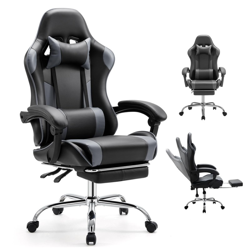 Ergonomic Gaming Office Desk Chair with Footrest and Headrest for Adults, PU …