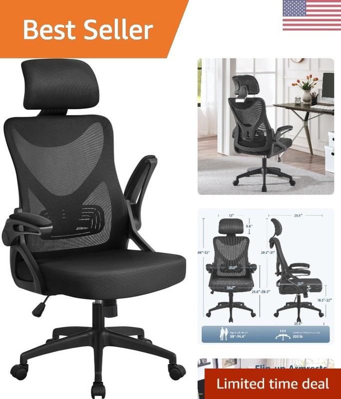 Adjustable Ergonomic Desk Chair with Flip-up Armrests and Lumbar Support, Black