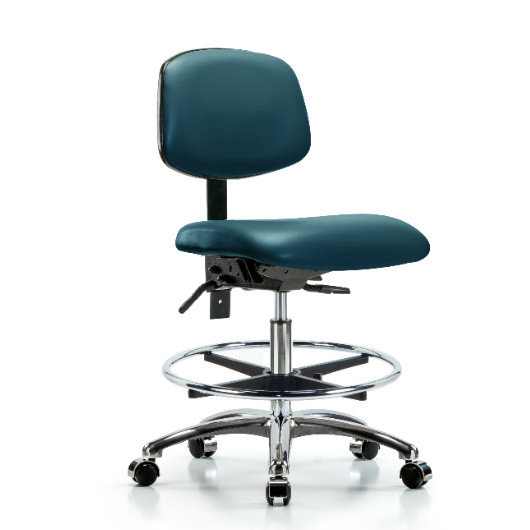 Vinyl Chair Chrome – Medium Bench Height with Chrome Foot Ring & Casters Blue