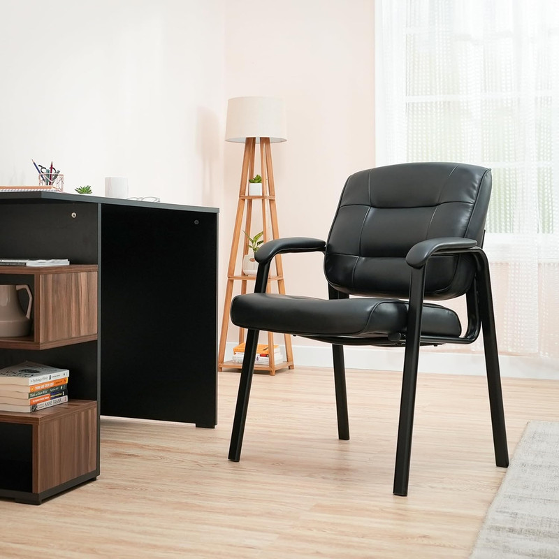 Classic Faux Leather Office Desk Chair with Armrests, Metal Frame, Black, 27.4D