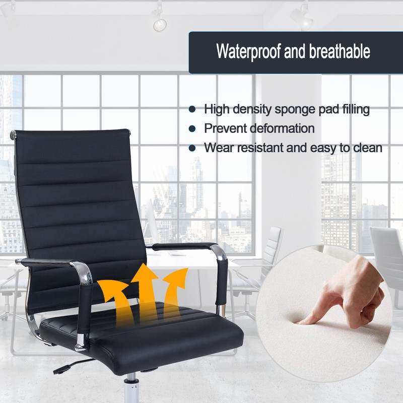 High Back Ribbed Office Chair Computer PU Height Adjustable Rolling Swivel Black gallery