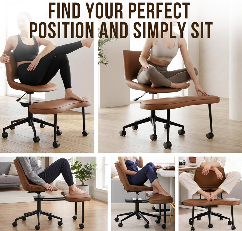 Ergonomic Cross Legged Office Chair with Lumbar Support & Wheels - Brown gallery