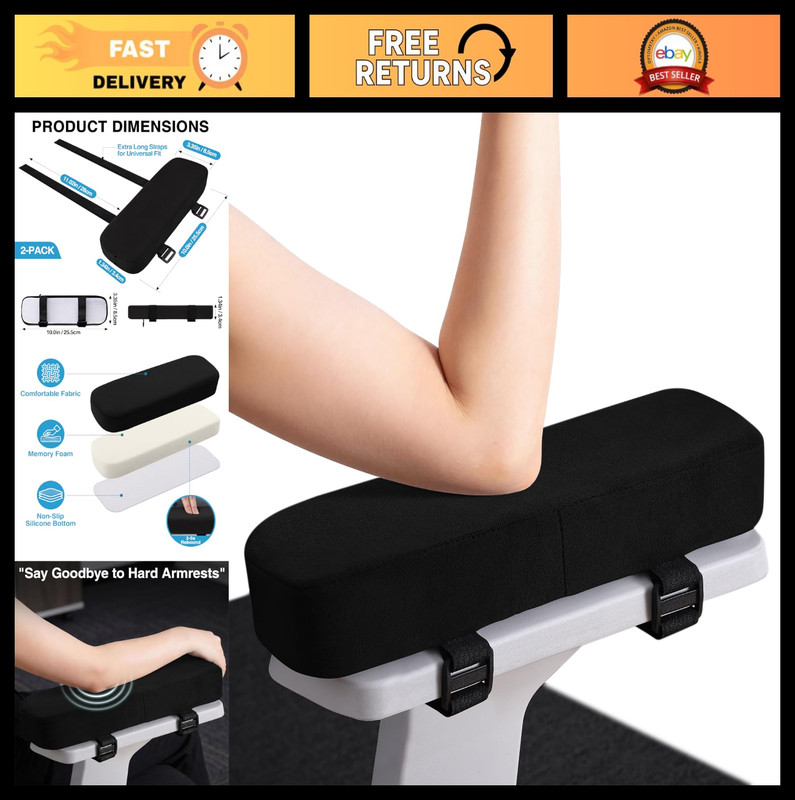 Ergonomic Memory Foam Armrest Pads – Non-Slip Cushions with Adjustable Straps, E