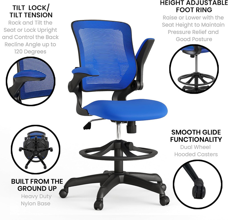 Blue Mesh Ergonomic Drafting Chair with Adjustable Foot Ring & Flip-Up Arms gallery