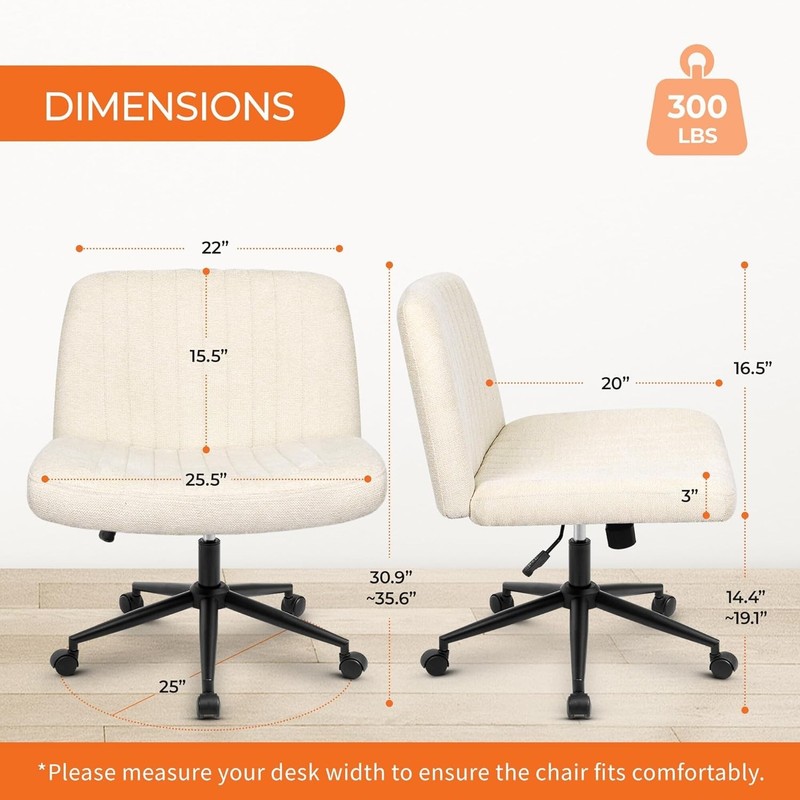 Wide Seat Office Chair Armless Beige Fabric Adjustable for Home Computer Use gallery