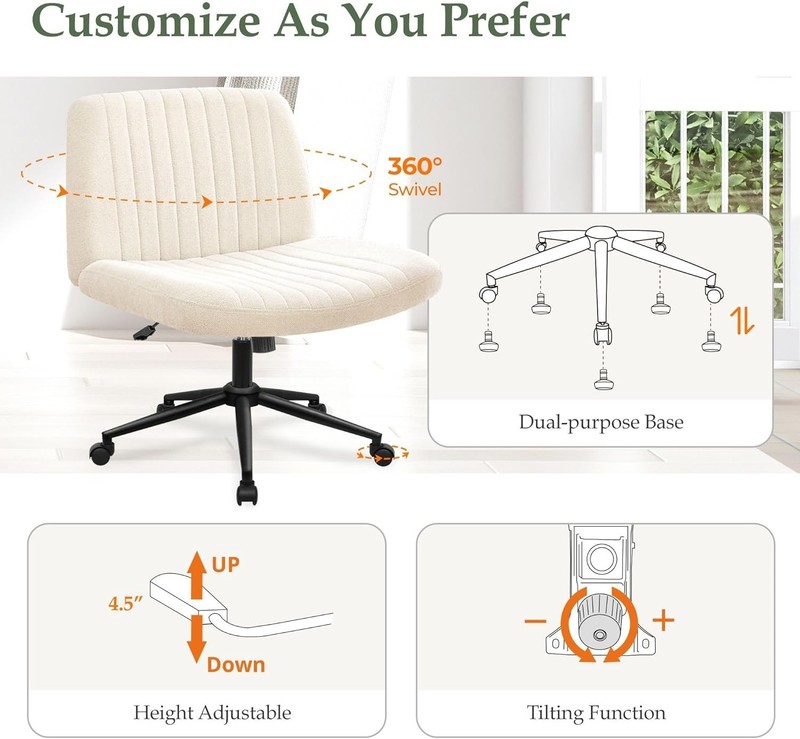 Wide Seat Office Chair Armless Beige Fabric Adjustable for Home Computer Use gallery
