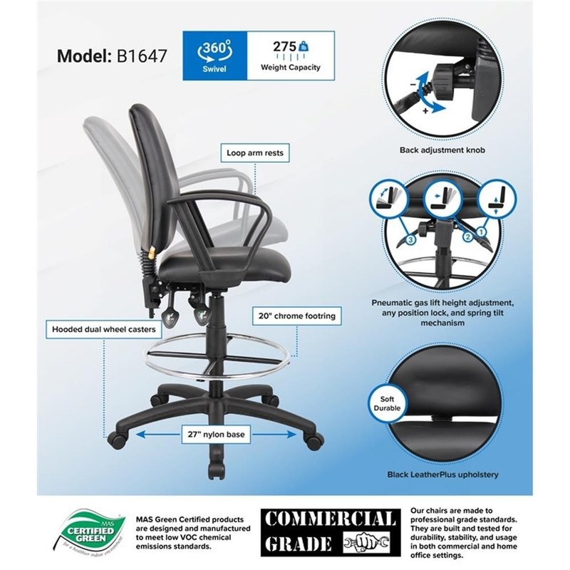 Scranton & Co LeatherPlus Drafting Stool with Loop Arms and Footring in Black gallery
