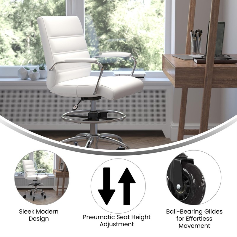 Drafting Chair with Roller Wheels Adjustable Foot Ring - White LeatherSoft gallery