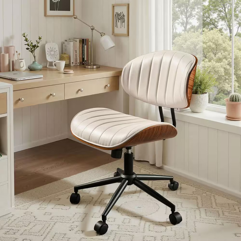 Cro PU Leather Swivel Ergonomic Armless Office Task Chair in White with Tilting