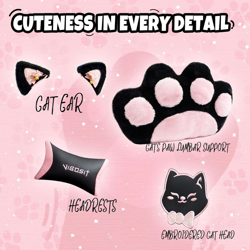 Cute Cat Ears Gaming Chair, Girly Ergonomic Computer Chair with High Back, 360° gallery