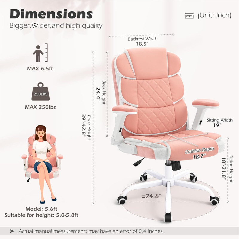 Ergonomic Office Chair Pink PU Leather Desk Chairs Computer Chair with Wheels an gallery