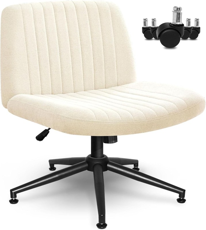 Wide Seat Office Chair Armless Beige Fabric Adjustable for Home Computer Use gallery