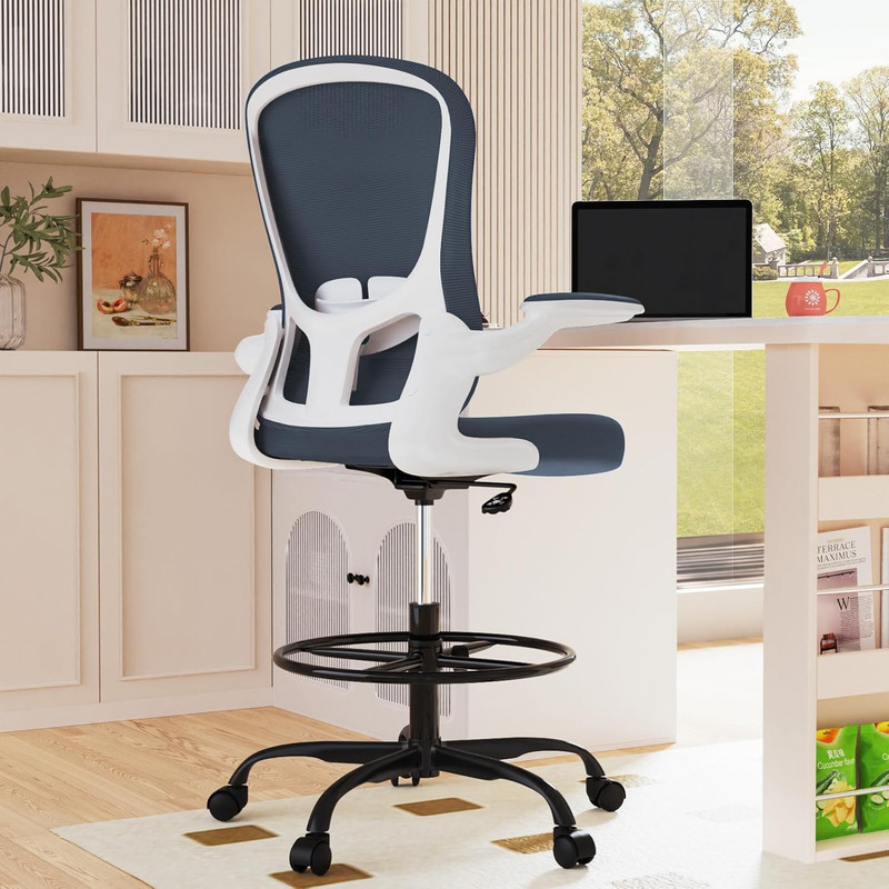 Ergonomic Drafting Chair with Flip-Up Armrests and Adjustable Footrest Ring