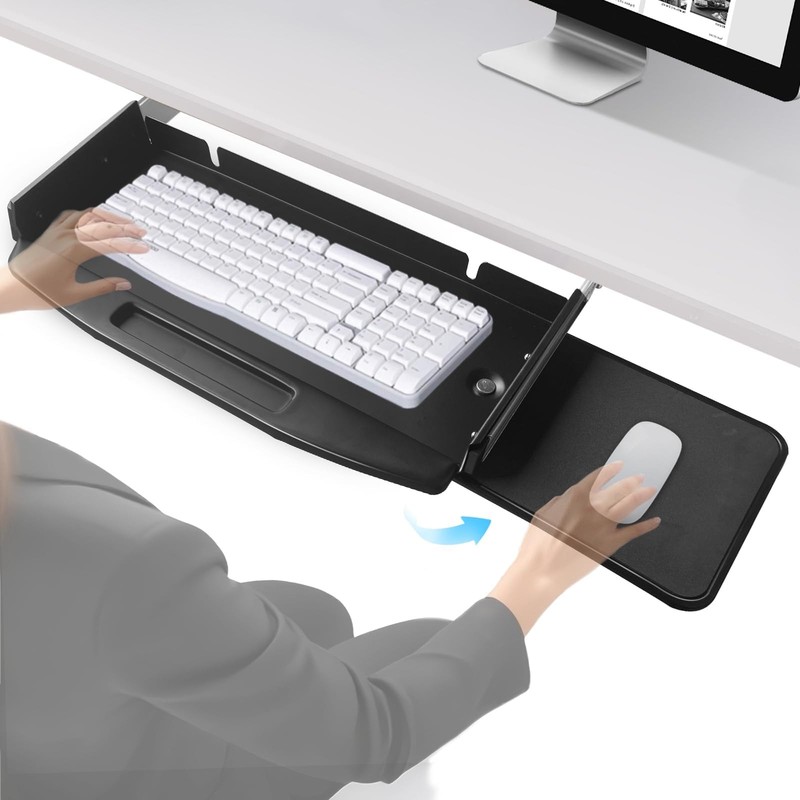 Solid Steel Under Desk Keyboard Tray 360 Rotating Mouse Platform 28x11 Inch