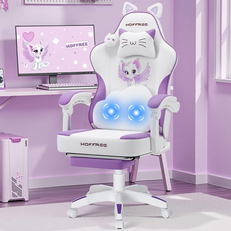 Gaming Chair with Cat Ears and Cloud Massage Lumbar Ergonomic Cute Computer Chai